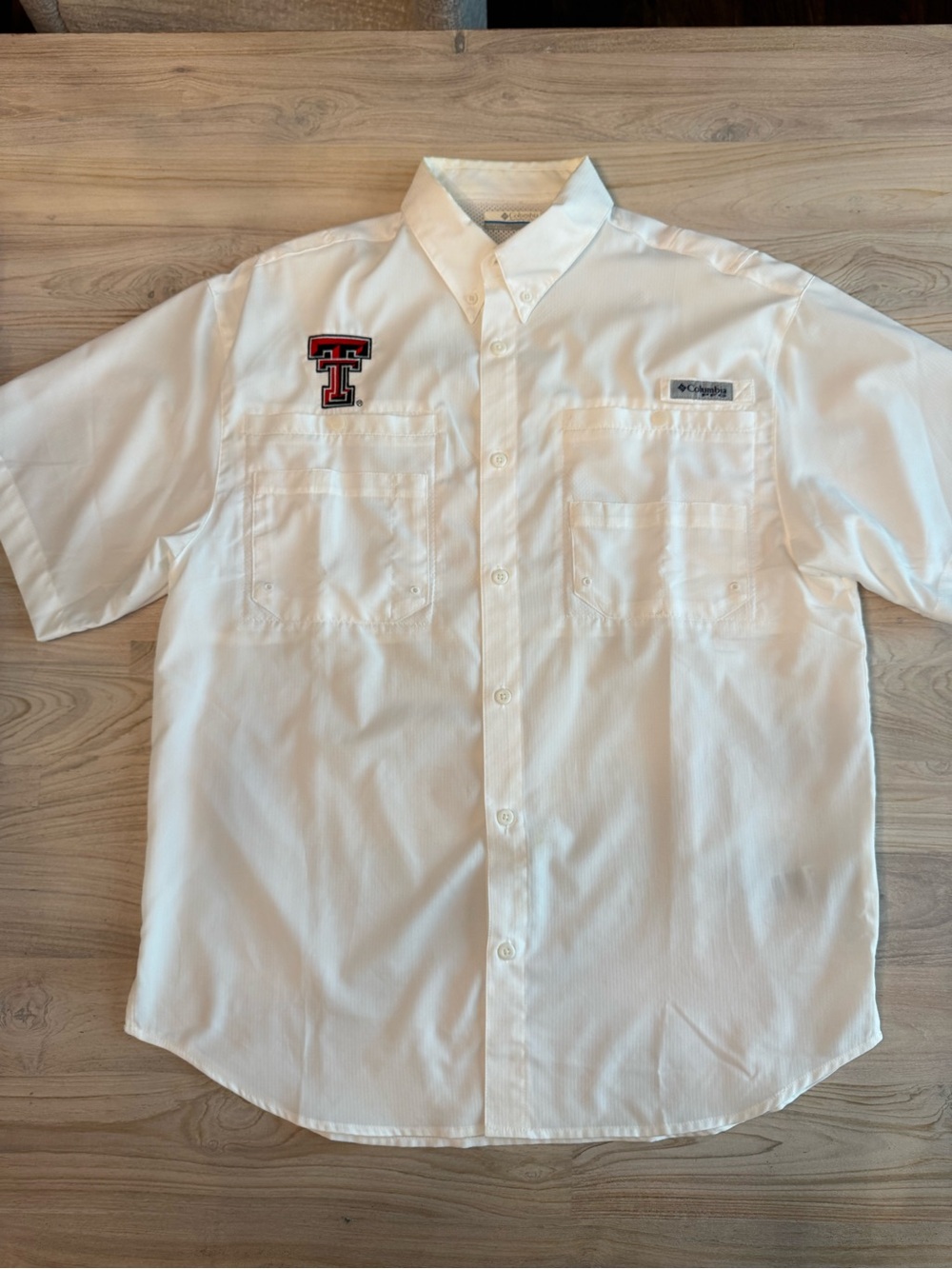 Columbia Texas Tech White Short-Sleeve Button Down with Red & Black Patch